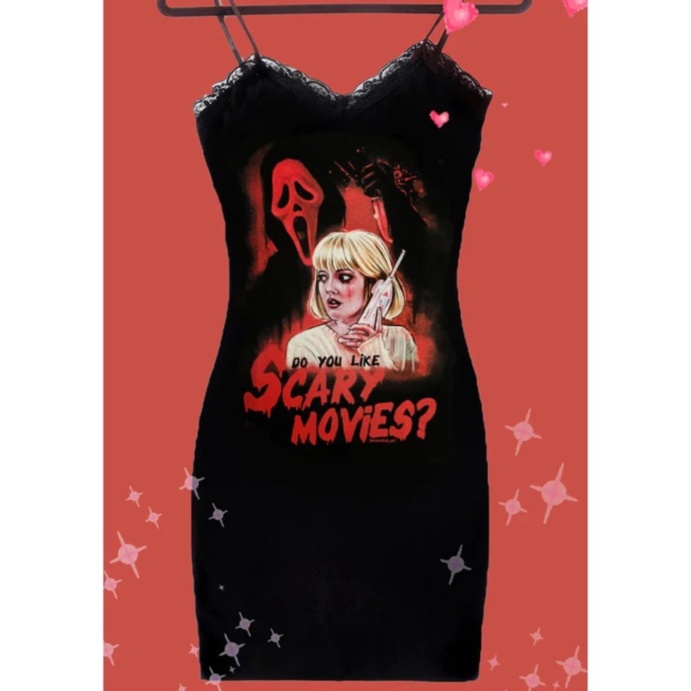 Black Graphic Slip Mini Dress - Do You Like Scary Movies?